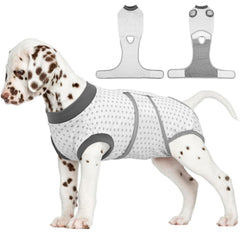 FUAMEY dog recovery suit back view shows polka-dot design and wound protection.