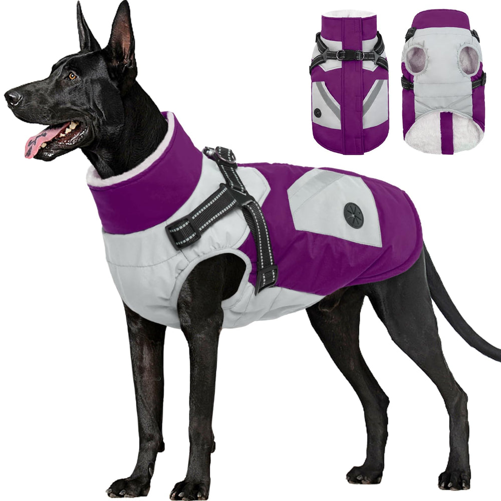 FUAMEY dog winter jacket front view shows waterproof shell and fleece warmth.