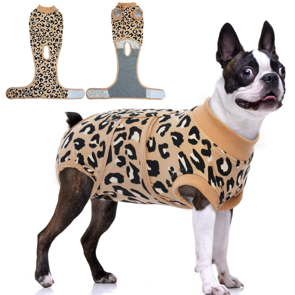 FUAMEY recovery suit dog brown leopard back view reduces post op stress and protects wounds