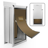 Fuelio XL dog door wall assembly image shows sturdy aluminum framing for secure wall mounting