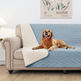 Fuguitex waterproof dog bed cover on sofa showing spill resistance and easy cleanup.