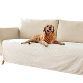 Fuguitex waterproof dog blanket cover shows 30x70 cream protecting a sofa from spills
