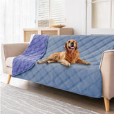 Fuguitex waterproof dog blanket folded in violet-blue and light-blue for portable couch protection.