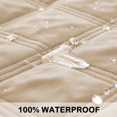 Fuguitex waterproof dog blanket on sofa showing reversible beige and cream colors