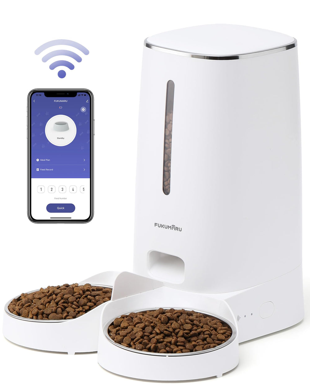FUKUMARU automatic cat feeder front view with dual bowls for two-pet sharing.