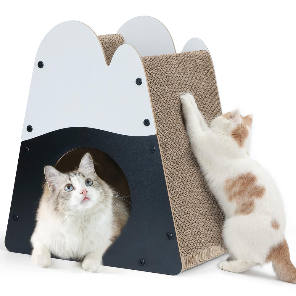 FUKUMARU Cat Scratcher House exterior view shows durable, recyclable cardboard for long-lasting scratching.