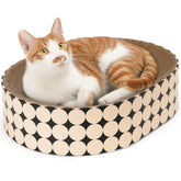 FUKUMARU Cat Scratcher Lounge Bed front view showcases ergonomic oval design for comfortable scratching and lounging.