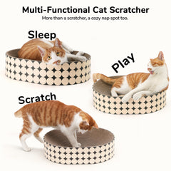 FUKUMARU Cat Scratcher Lounge Bed side profile illustrates 2-in-1 design for play and rest.