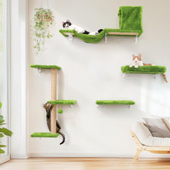 FUKUMARU cat wall shelves assembly in green shows sturdy drywall mounting
