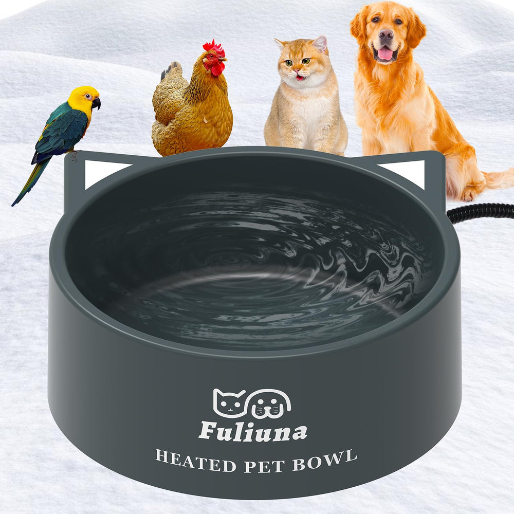 Fuliuna 3.2L heated water bowl outdoor grey keeps water warm in cold weather.