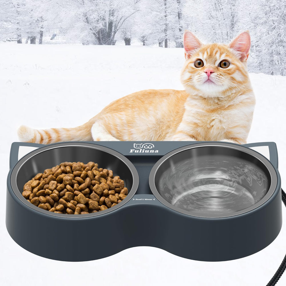 Fuliuna heated cat bowl with double-bowl design keeps water and food accessible in cold weather.