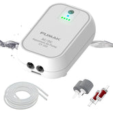 FUMAK battery-powered aquarium air pump front view showing dual outlets for steady aeration.