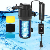 FUMAK U-V aquarium filter front view shows compact, efficient filtration for 10-40 gallon tanks.
