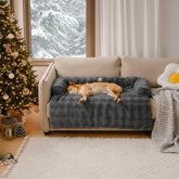 Funny Fuzzy pet couch bed setup shows versatile sofa cover and cozy bed for pets.