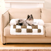 FUNNY FUZZY pet couch covers in cozy cream plaid protecting furniture during everyday lounging