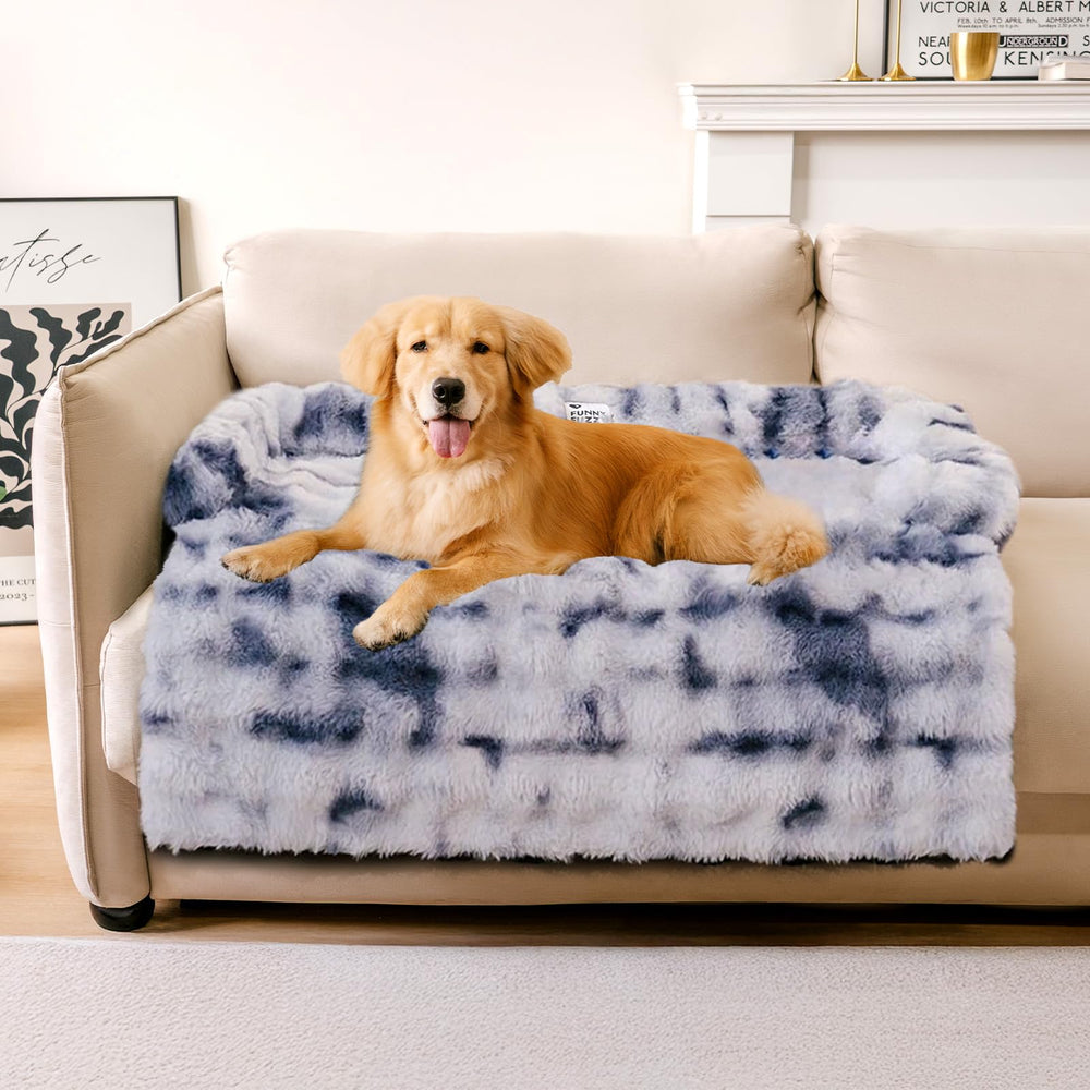 Funny Fuzzy pet fluffy couch bed blue side view offers calming comfort and furniture protection.