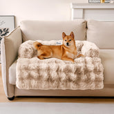 Funny Fuzzy pet fluffy couch cover closeup shows cozy coffee texture and sofa protection