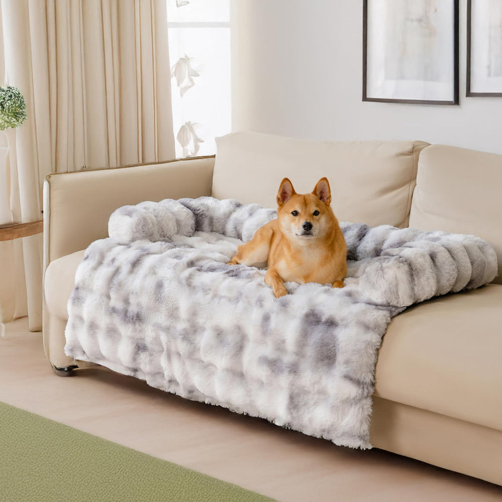 Funny Fuzzy pet couch cover in tie-dye grey protects furniture with cozy padding.