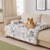 Funny Fuzzy pet couch cover in tie-dye grey protects furniture with cozy padding.