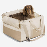 Funny Fuzzy waterproof dog car seat beige, assembled, provides stable, secure travel.