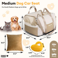 Funny Fuzzy waterproof dog car seat beige, front-angle view, keeps small dogs secure on rides.