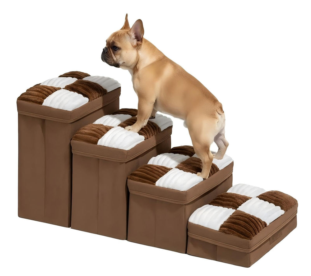 Funny Fuzzy dog stairs 4-step chessboard cushion for comfy climbs.