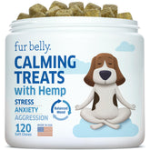 Fur Belly Hemp Calming Chews packaging highlights natural anxiety relief ingredients for dogs.