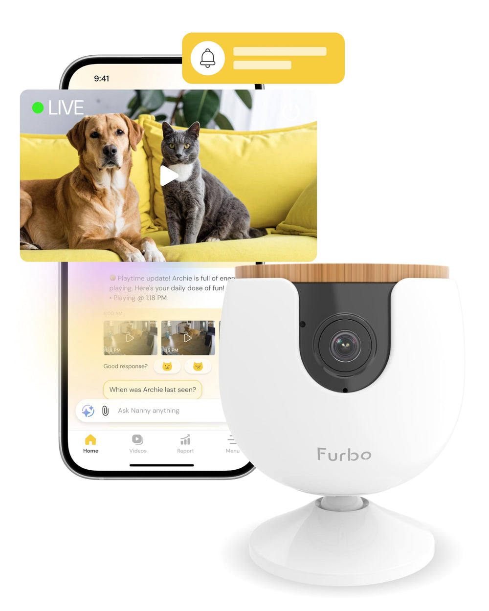 Furbo Mini Camera front view for around-the-clock pet safety alerts