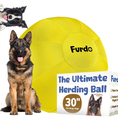 Furdo 30in Herding Ball yellow, dogs playing to burn energy and stay engaged.