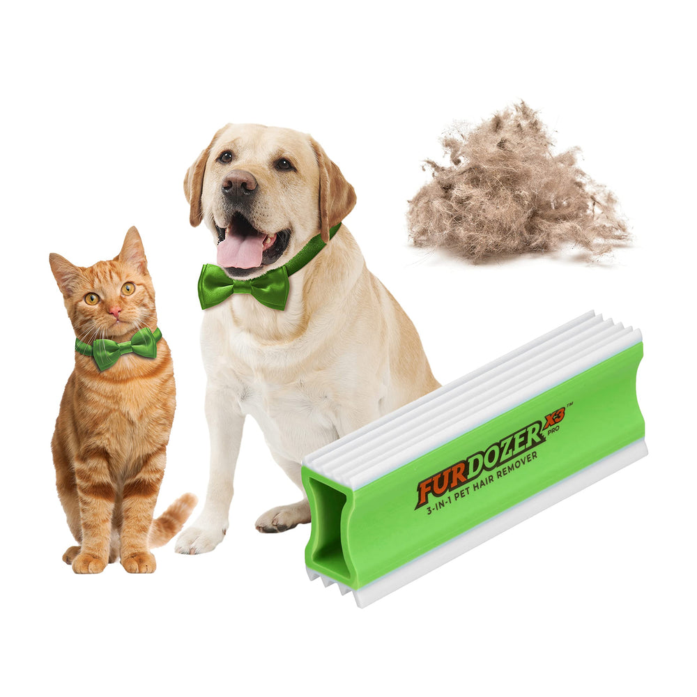 FurDozer Green 3-in-1 squeegee blades close-up for multi-surface pet hair removal.