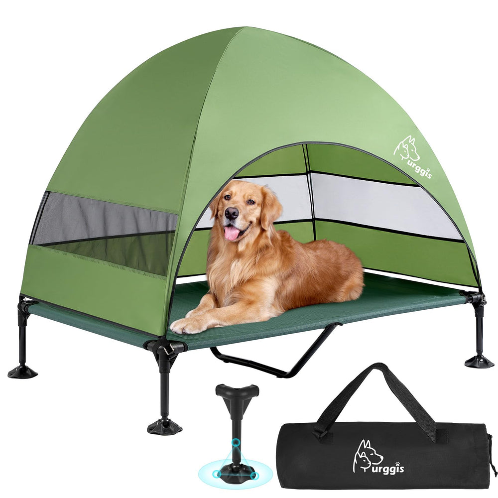 Furggis elevated dog bed canopy side view shows ample shade for outdoor lounging.