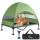 Furggis elevated dog bed canopy side view shows ample shade for outdoor lounging.