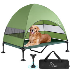 Furggis elevated dog bed canopy side view shows ample shade for outdoor lounging.