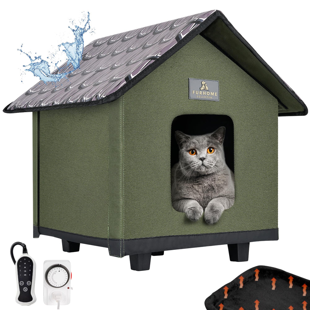 FurHome Collective heated outdoor cat house with elevated base provides dry warmth.