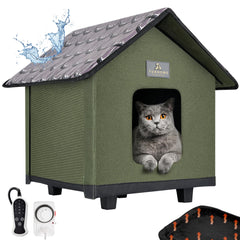 FurHome Collective heated outdoor cat house with elevated base provides dry warmth.