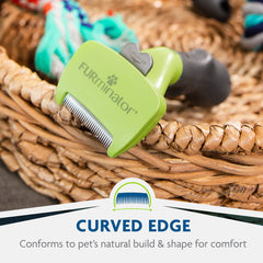 FURminator Small Dog Undercoat tool curved-edge close-up for comfortable grooming.