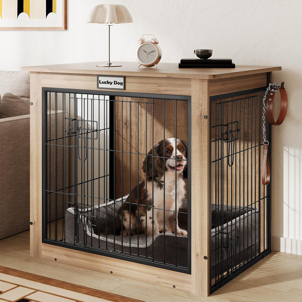 FurnPulse dog crate end table assembly view, sturdy oak wood, easy setup.