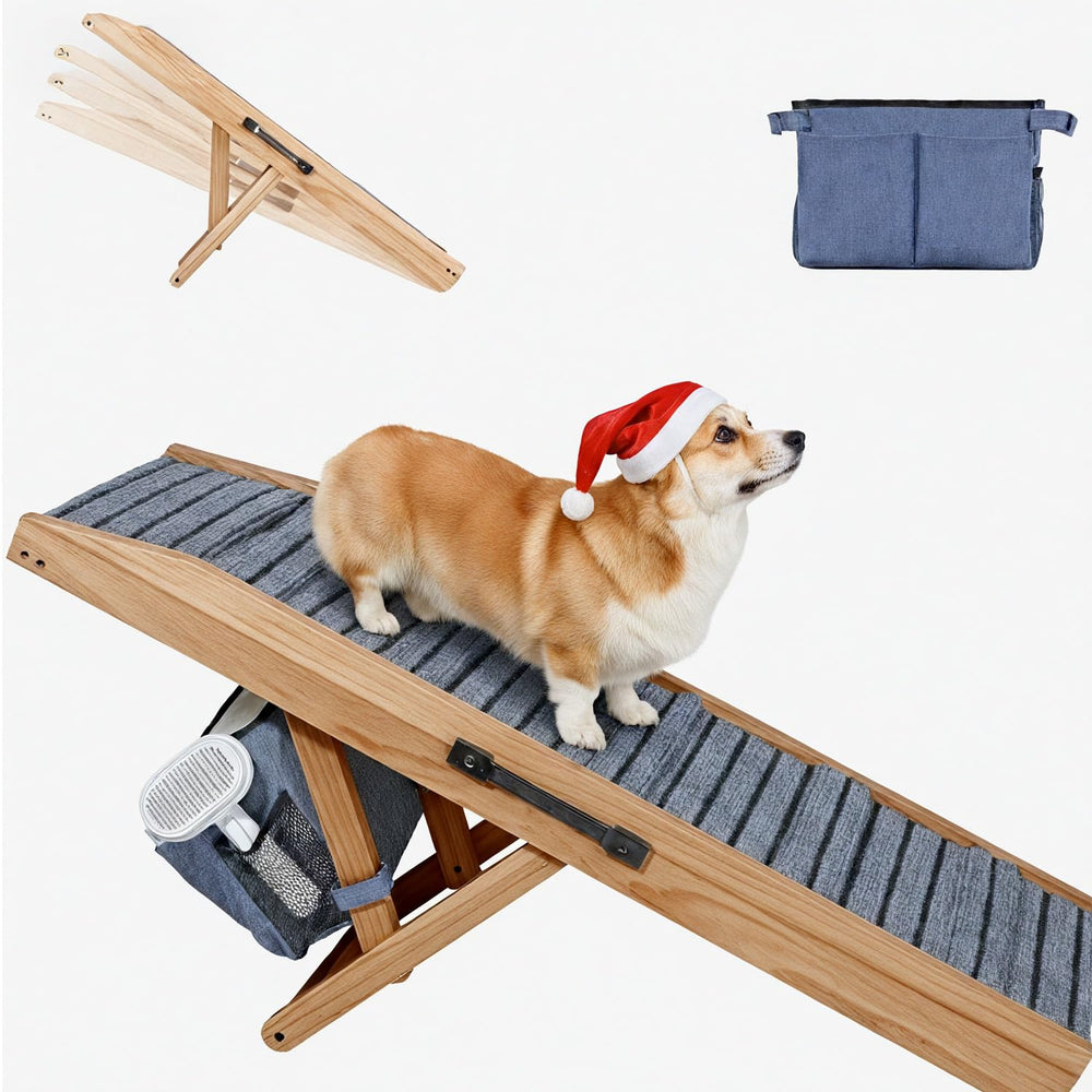 FurnPulse dog ramp with storage bag shown beside high bed for easy access.