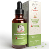 Furrever dog allergy drops bottle promotes beef flavor for seasonal allergy support.