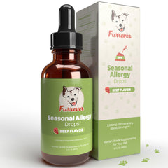 Furrever dog allergy drops bottle promotes beef flavor for seasonal allergy support.