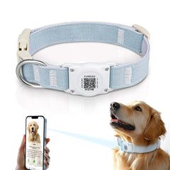 Furrigo Airtag Dog Collar blue side view, durable cotton-hemp for everyday comfort.