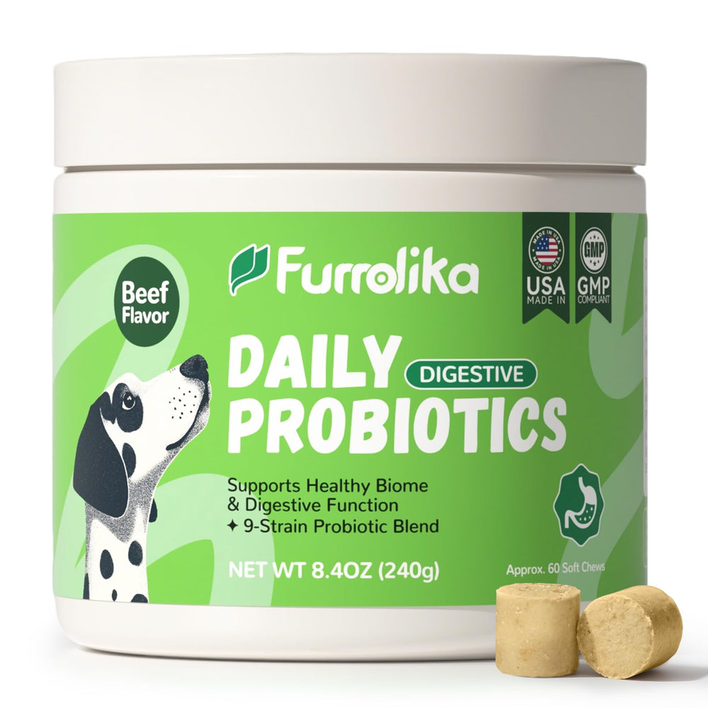 Furrolika Probiotics for Dogs bottle pouring shows beef-flavored soft chews.