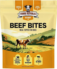 Furry Republic Beef Bites package front shows USA beef and goat milk ingredients for digestion-friendly meals.