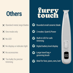 Furry Touch paw trimmer dual-speed slider for quiet or strong grooming.