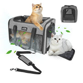 Furtent soft-sided cat carrier with reinforced handle for easy travel.