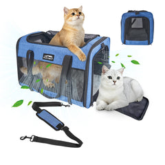 Furtent soft-sided large cat carrier blue folded for compact storage and travel.