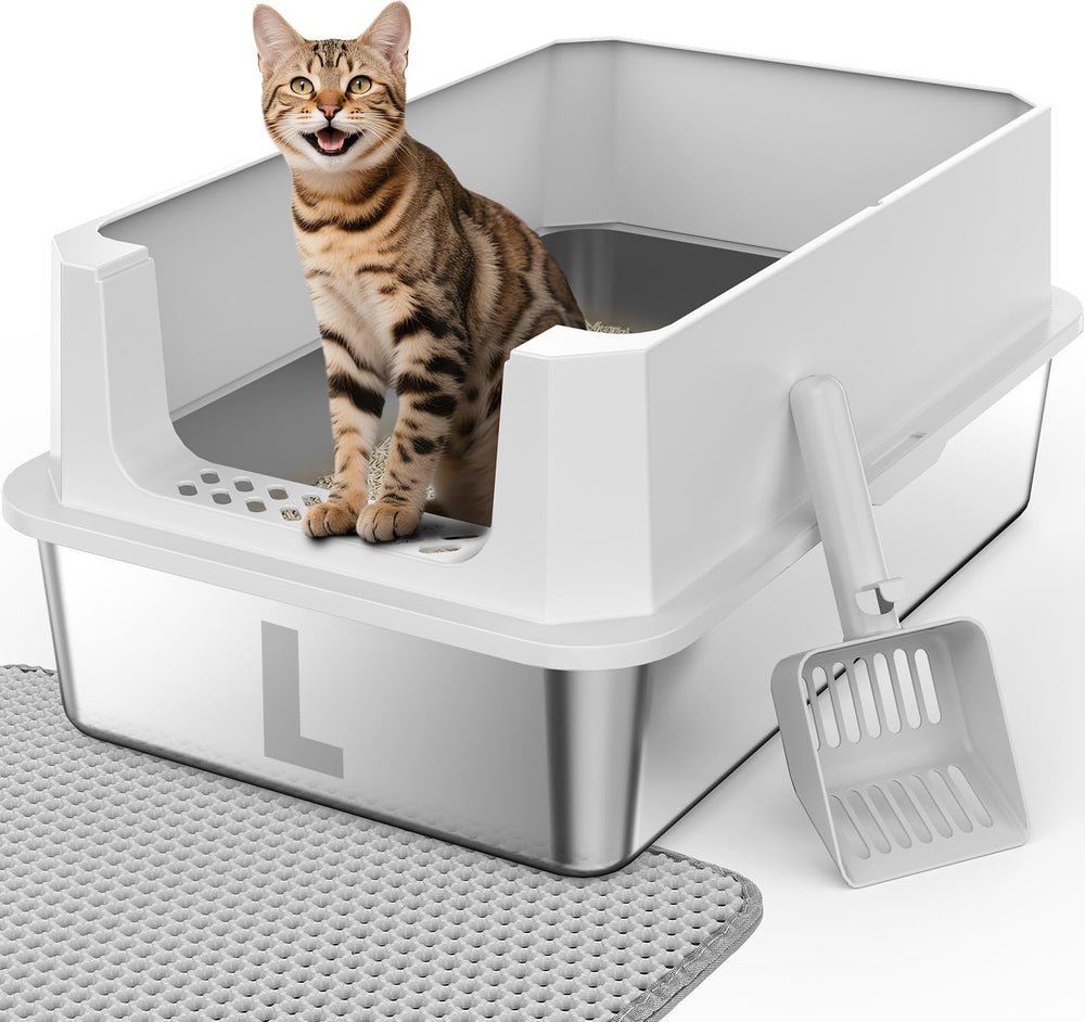 FURTIME stainless-steel litter box front view emphasizing durability and easy-clean, odor-resistant surface.