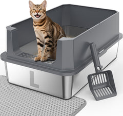 FURTIME stainless-steel litter box with lid offers privacy and easy cleaning for busy households.