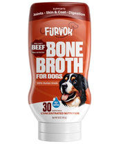 Furvor Beef Bone Broth concentrate bottle highlights dog-friendly hydration and flavor boost.