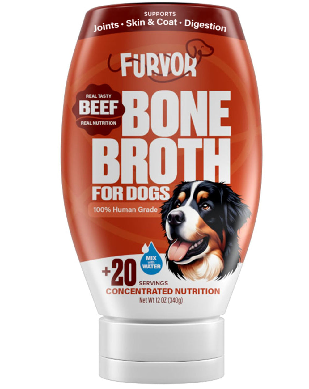 Furvor beef bone broth concentrate poured over kibble for hydration and flavor.